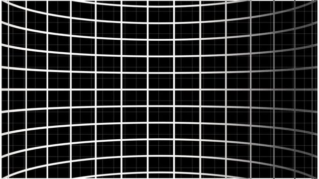 Abstract geometric grid pattern with curved lines and gradient effect on a dark background creating a sense of depth and dimension