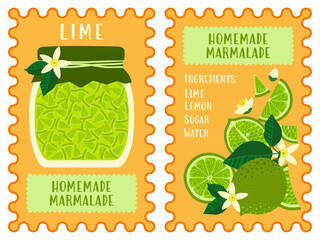Flat vector lime marmalade label showing a jar with fruit pieces, citrus slices, leaves, and an ingredients list. Perfect for homemade jam packaging, kitchen decor, recipe cards, and food branding.
