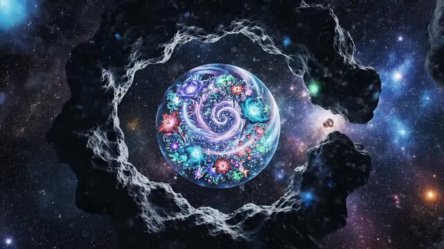 Vibrant alien planet with swirling patterns and cosmic nebulae, framed by asteroid debris.