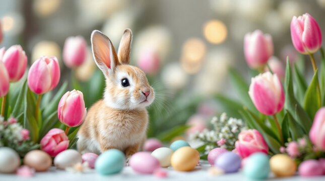 Cute Easter bunny sitting with colorful eggs and pink tulips. Adorable rabbit in spring flower garden. Happy Easter holiday background