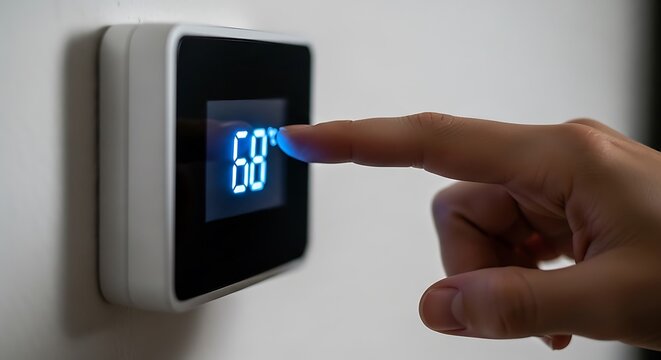 Finger Adjusting Digital Thermostat Displaying 68 Degrees