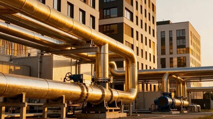 Medium shot focusing on a district heat recovery system distributing captured heat across multiple buildings showcasing sustainable urban energy solutions.