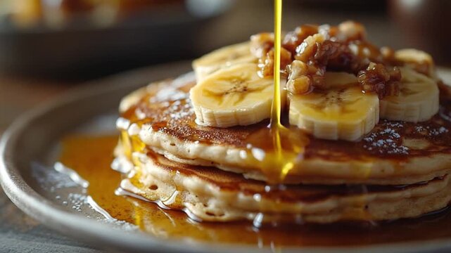 Delicious Stacked Pancakes with syrup: A close-up shot of fluffy pancakes is doused in rich, golden syrup, adorned with slices of fresh banana and a sprinkle of nuts.