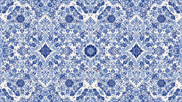 Blue and white floral pattern tile design. Ornamental and decorative wall or floor covering. Traditional and elegant tile pattern. The design of decorative ceramics.