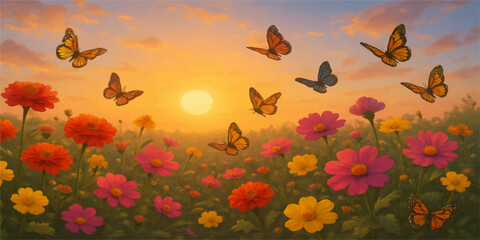 A bright spring nature illustration of a field of red tulips with a bird and butterfly silhouette against an orange sunset sky design