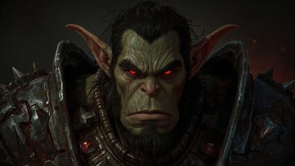A fierce orc warrior with glowing red eyes and armor, featuring large ears and a menacing expression.
