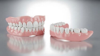 Fototapeta premium A close-up view of a full upper denture and a partial lower denture highlighting dental prosthetics