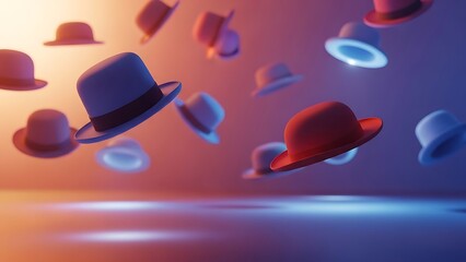 A collection of floating fedora hats illuminated by warm orange and cool blue lights