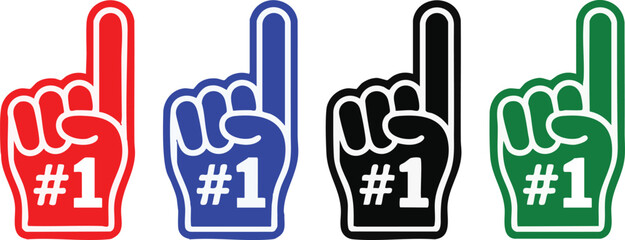 Fan foam hands number one set. Vector illustration of sports fan finger gloves with #1 sign. Collection of red, blue, green, black icons for game support. Winner champion concept. 