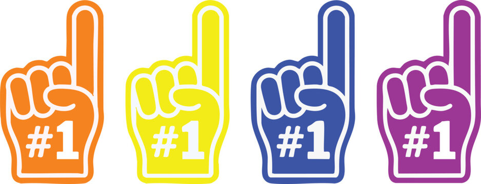 Fan foam hands number one set. Vector illustration of sports fan finger gloves with #1 sign. Collection of red, blue, green, black icons for game support. Winner champion concept. 