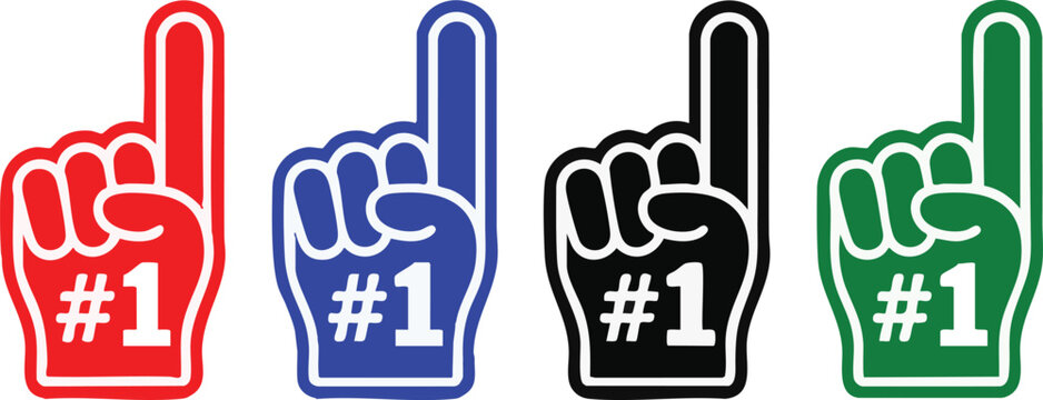 Fan foam hands number one set. Vector illustration of sports fan finger gloves with #1 sign. Collection of red, blue, green, black icons for game support. Winner champion concept. 