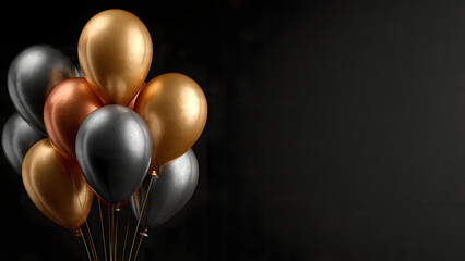 Elegant black, gold, and copper metallic balloons forming a luxurious and sophisticated celebration backdrop against a dark background with generous copy space for festive events