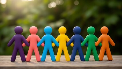 Colorful figurines holding hands representing unity and diversity in a group