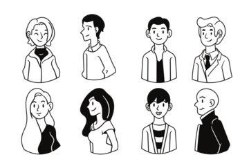 Diverse Group of Cartoon Avatars in Black and White Doodle Style Collection