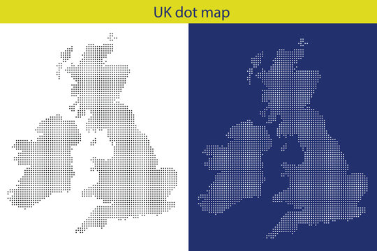  UK Vector dotted world map.black halftone dotted map illustration vector, Vector style dotted map used for digital insights ,Vector geographic map on white and blue backgrounds