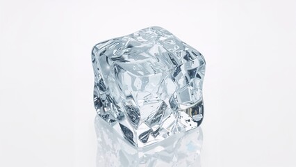 Obraz premium A clear ice cube with intricate cracks and reflections on a white background.