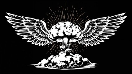 A brain with wings and a nuclear explosion beneath, symbolizing powerful ideas or destruction.