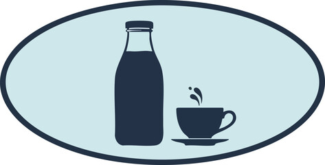 Elegant Milk Bottle and Cup Illustration on a Light Blue Oval