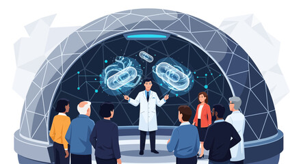 Innovative medical presentation showcasing advanced biotechnology to diverse audience in research