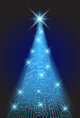 Christmas tree from electronic circuit with glowing star and sparkle lamps. Digital New Year card.