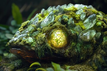 alien lifeform covered in glowing moss and crystalline growths