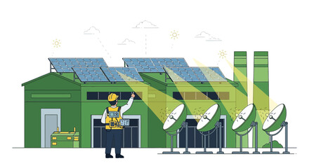Innovative renewable energy factory with solar panels and parabolic dishes creating power