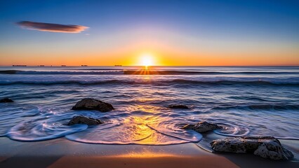 A breathtaking sunrise over the ocean with waves washing ashore on a rocky beach