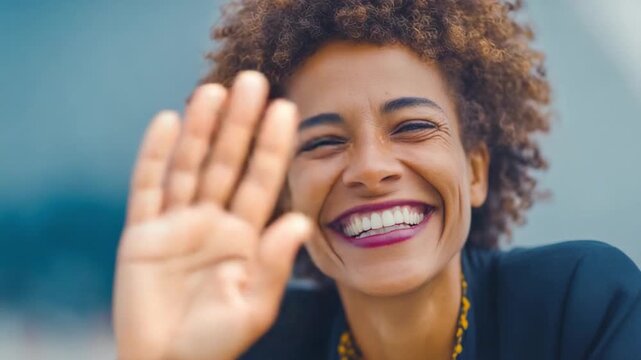 Friendly Greeting with a Smile: Capturing a warm, open-handed wave and radiant smile from a friendly woman, conveying a feeling of welcome, happiness, and positivity.