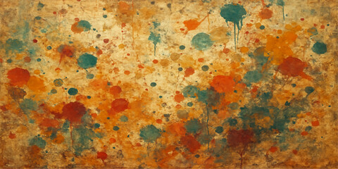 A textured, grunge wall of rusty, old metal displays an aged, orange, brown, and yellow pattern of dirty paint on the vintage surface material
