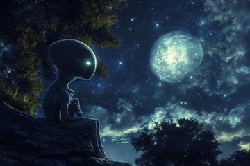 alien lifeform glowing softly beneath alien night skies