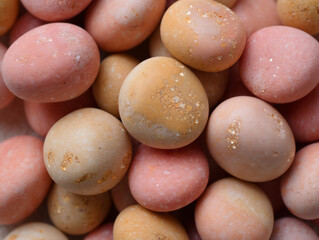 Close up of smooth pink and tan pebbles with gold flecks
