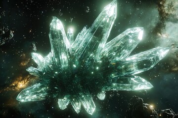 alien lifeform made of glowing crystal shards floating in space