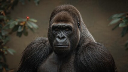 Obraz premium Image of a gorilla with a serious expression in a natural environment.