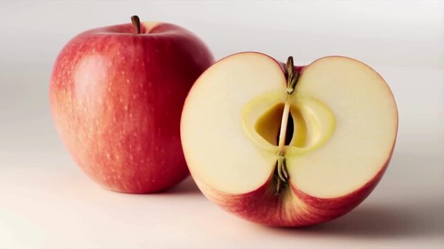 Realistic worst 3D animation of a whole and sliced apple rotating on a pure white background