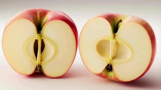 Realistic worst 3D animation of a whole and sliced apple rotating on a pure white background