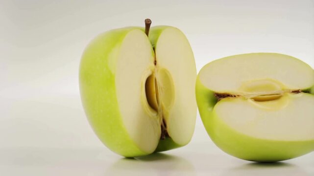 Realistic worst 3D animation of a whole and sliced apple rotating on a pure white background