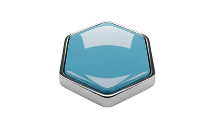 Blue Hexagon Button with Silver Frame on White Background