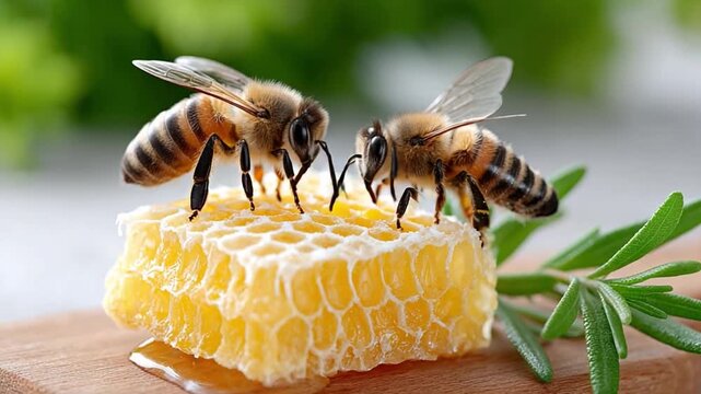 Bees and Honeycomb Harmony: Two industrious bees are busily working on a natural honeycomb, the epitome of the hard work nature. Capture a close-up that shows this collaboration in the apiary. 