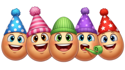 Five happy cartoon eggs with colorful knit hats in a row