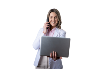 Busy businesswoman multitasking holding laptop talking phone