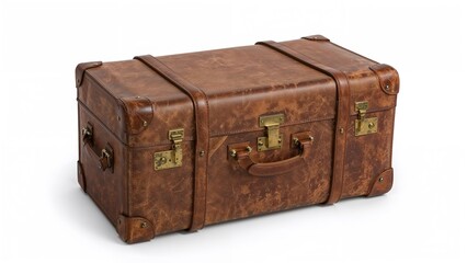 Vintage leather suitcase from the 1970s with metal locks and handle. Classic travel luggage design. Old-fashioned travel accessory. The style of vintage luggage from the 1970s.