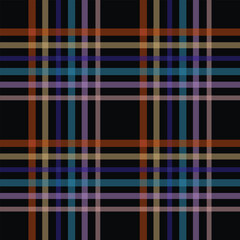 Print“Black Background Multicolor Plaid Pattern – Orange, Beige, Blue, Purple Checkered Tartan Fabric Texture for Clothing, Craft Projects, Digital Printing, and Seamless Design”