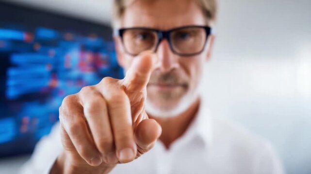 Focused Decision: A close-up shot of a man wearing glasses, extends his finger towards the forefront, suggesting a key point or making a decisive gesture, set against a blurred background. 