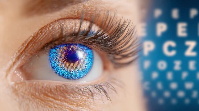 Visual Acuity: A close-up shot of a captivating eye, enhanced by striking blue tones. An eye chart in the background softly underscores the theme of vision and clarity. 