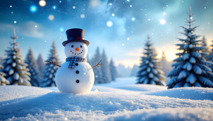 Christmas background with 3d cute happy snowman wearing knitted cap and scarf, holding blank banner. Cartoon character funny childish toy.