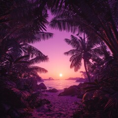 A beach scene at sunset, viewed through a frame of lush, purple-toned tropical foliage