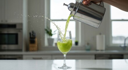 Green liquid splashes from metal pitcher into wine glass in a bright kitchen