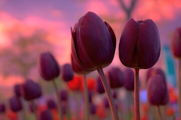 Fototapeta premium Close-up of deep purple tulips in a garden, bathed in the soft glow of a pink sunset