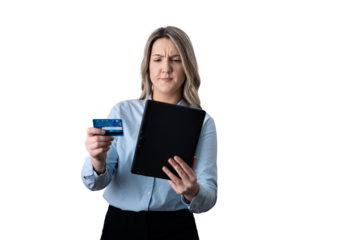 Woman feeling confused while holding credit card checking finance