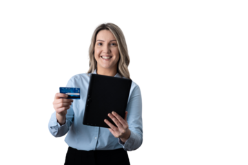 Happy woman holding credit card and tablet for online shopping